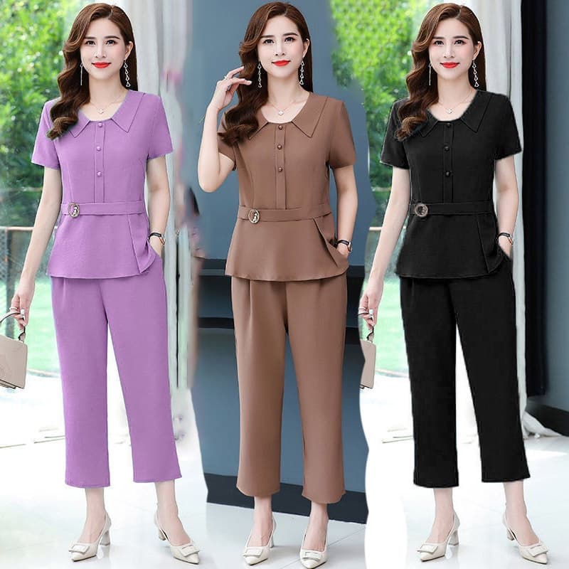 ชุดเซ็ทผู้หญิง 2ชิ้น สีพื้น เสื้อแขนสั้นคอปก+กางเกง9ส่วน เนื้อผ้านิ่ม หลวมใส่สบาย ชุดลำลอง ชุดทำงาน รูปที่ 1