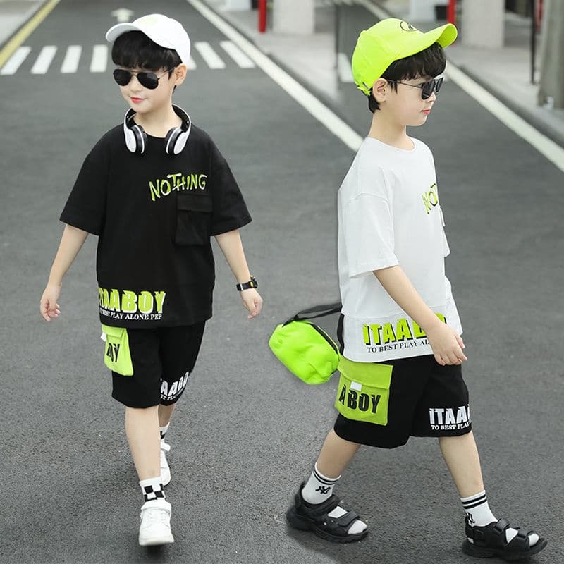 Ones เสื้อผ้าเด็กสองชิ้นแขนสั้นเด็กชาย ชุดสูทแขนสั้นหล่อสไตล์เกาหลีใหม่ รูปที่ 3