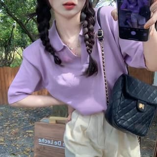 ส่งทันที Cici เสื้อแขนสั้นไหมพรม คอโปโล สีพื้น ผ้านิ่มใส่สบาย ดีไซน์เรียบๆ ทรงสวย สีสันสวย รูปที่ 5
