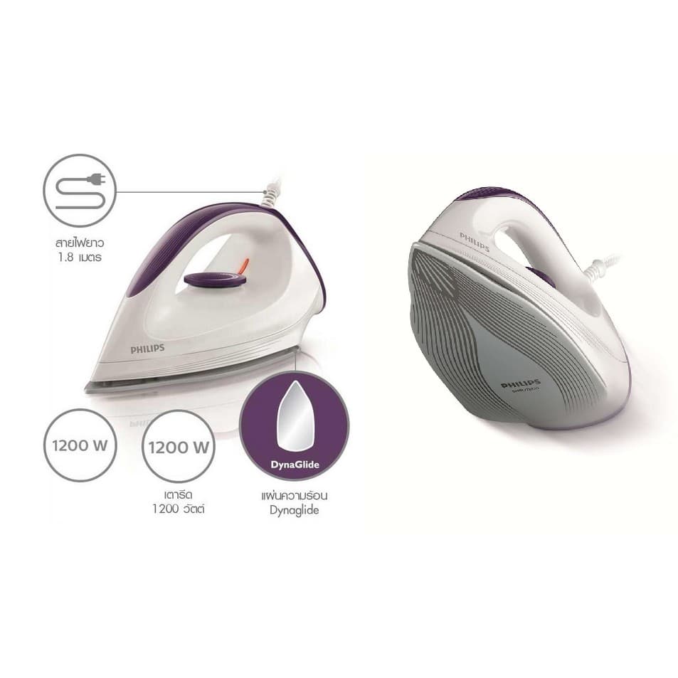 PHILIPS เตารีดแห้ง หน้าเคลือบ DynaGlide รีดผ้าที่เรียบลื่นบนเนื้อผ้าทุกชนิด 1200วัตต์ รุ่น GC160 / 22 รับประกันศูนย์2ปี รูปที่ 2