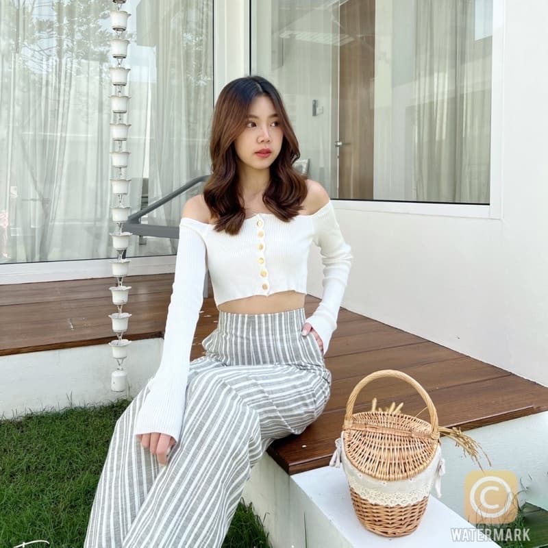 กางเกงเอวสูงขากระบอกใหญ่ผ้าลายริ้ว เนื้อผ้าลินินไม่ยืด#กางเกงเอวสูง มีกระเป๋าข้าง ซิปหลังพรัอมส่งครบสี รูปที่ 8