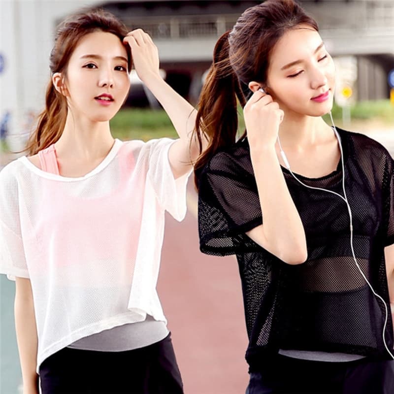 เสื้อยืด ผ้าตาข่าย แบบแห้งเร็ว เหมาะกับใส่ออกกําลังกาย เล่นโยคะ วิ่ง สําหรับผู้หญิง รูปที่ 3