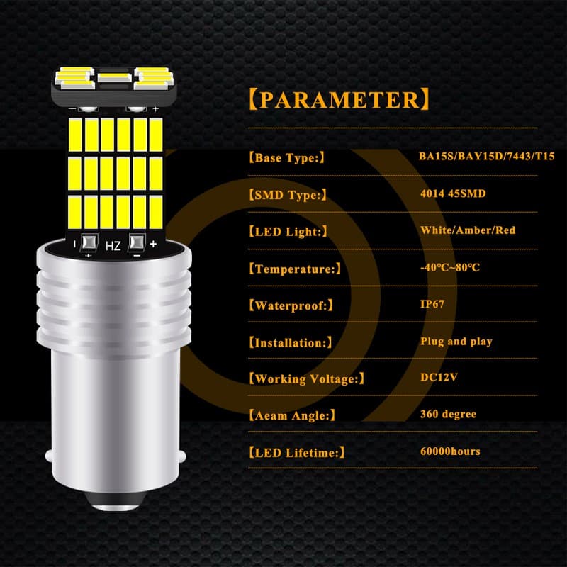 หลอดไฟเบรกท้ายรถยนต์ LED T15 T20 1156 BA15S P21W W16W 45SMD 4014 12V สีขาว สีเหลือง รูปที่ 3
