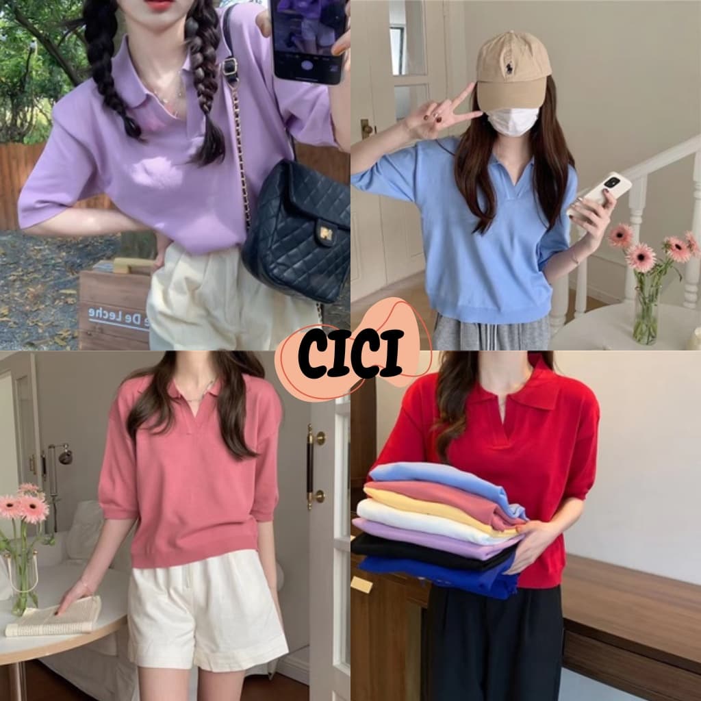ส่งทันที Cici เสื้อแขนสั้นไหมพรม คอโปโล สีพื้น ผ้านิ่มใส่สบาย ดีไซน์เรียบๆ ทรงสวย สีสันสวย รูปที่ 1