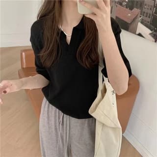 ส่งทันที Cici เสื้อแขนสั้นไหมพรม คอโปโล สีพื้น ผ้านิ่มใส่สบาย ดีไซน์เรียบๆ ทรงสวย สีสันสวย รูปที่ 9