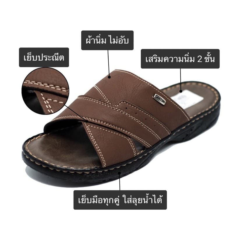 รองเท้าแตะผู้ชาย รองเท้าแตะชาย แบบสวม หนัง ผ้านิ่ม พื้นนุ่ม ไม่อับ เย็บรอบกันกาวหลุด ทนต่อการใช้งาน รูปที่ 4
