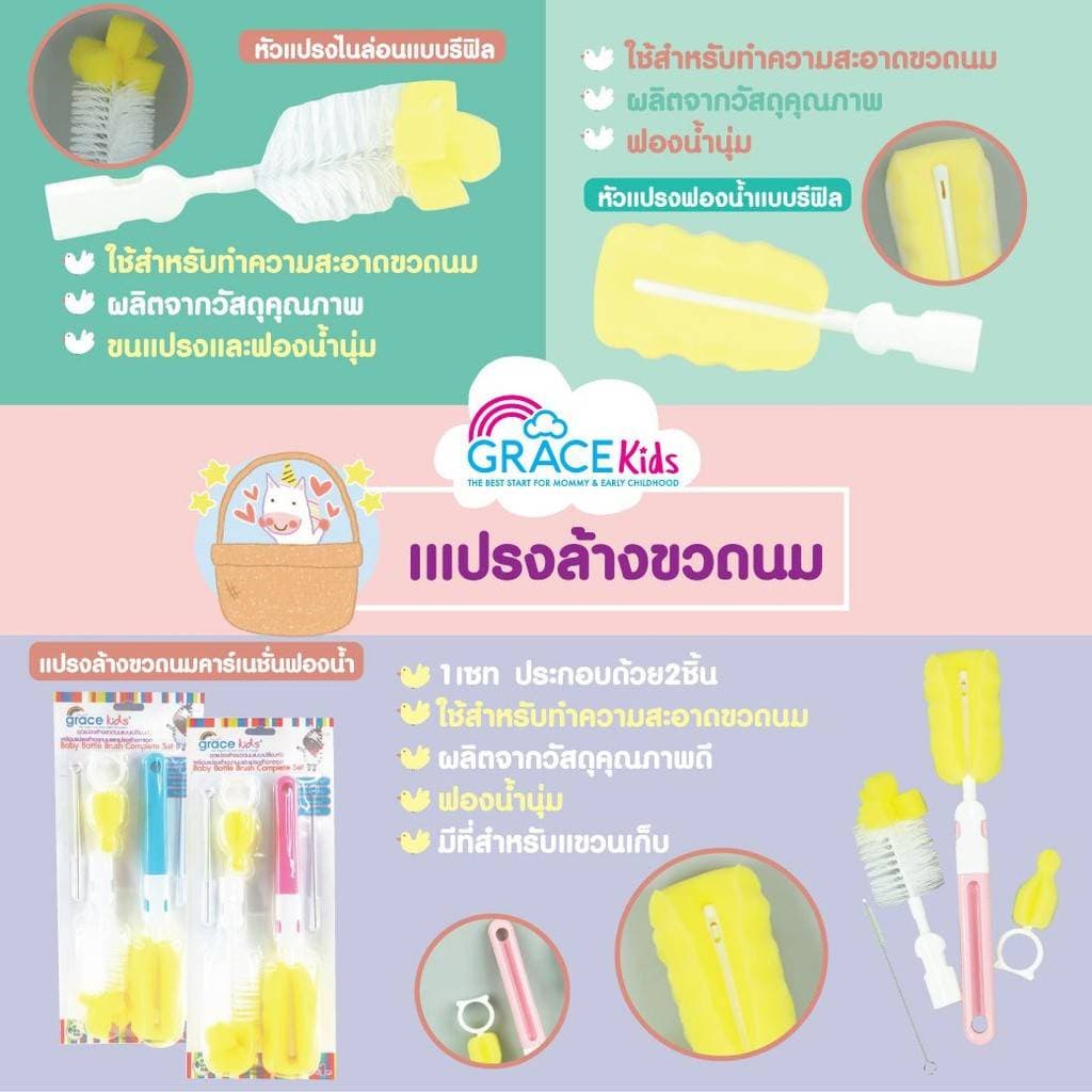 Grace Kids แปรงล้างขวดนม แบบฟองน้ำ/ไนลอน / ซิลิโคน | ล้างคราบนมสะอาด ไม่เป็นรอย | พร้อมแปรงล้างจุกนม รูปที่ 5