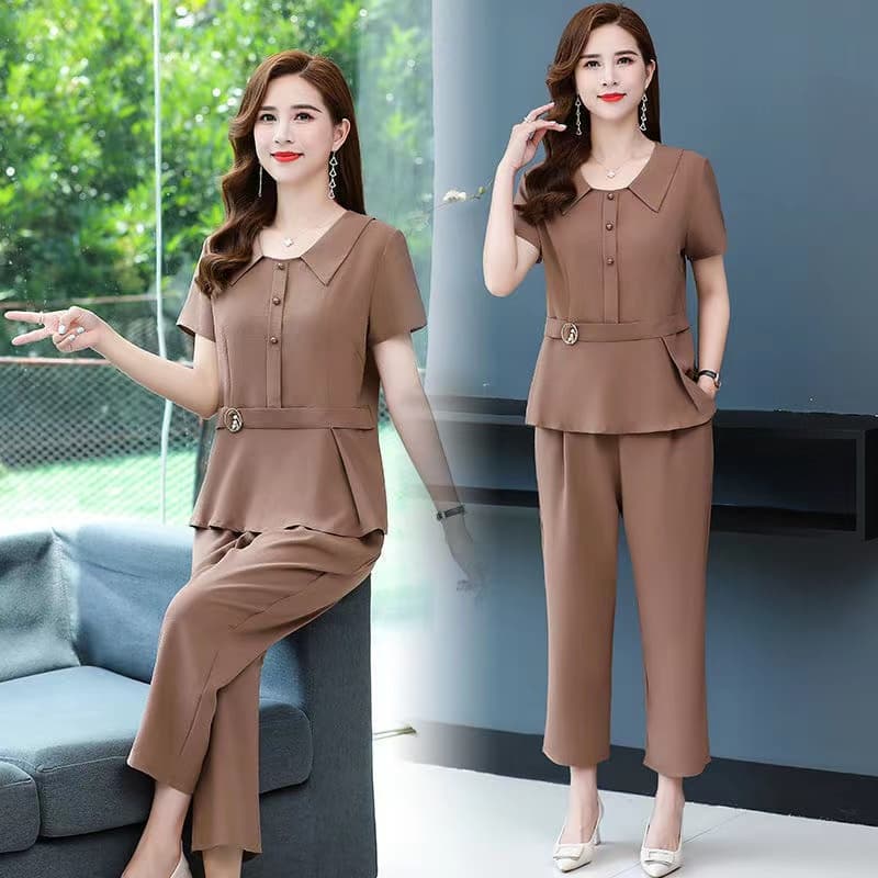 ชุดเซ็ทผู้หญิง 2ชิ้น สีพื้น เสื้อแขนสั้นคอปก+กางเกง9ส่วน เนื้อผ้านิ่ม หลวมใส่สบาย ชุดลำลอง ชุดทำงาน รูปที่ 3