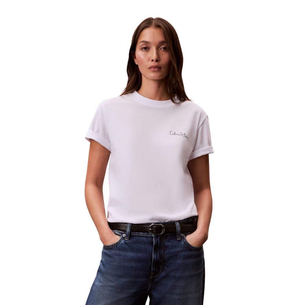 CALVIN KLEIN เสื้อยืดคอกลมแขนสั้นผู้หญิง Small Script Logo ทรง Regular รุ่น 47E809G YAA-สีขาว รูปที่ 6