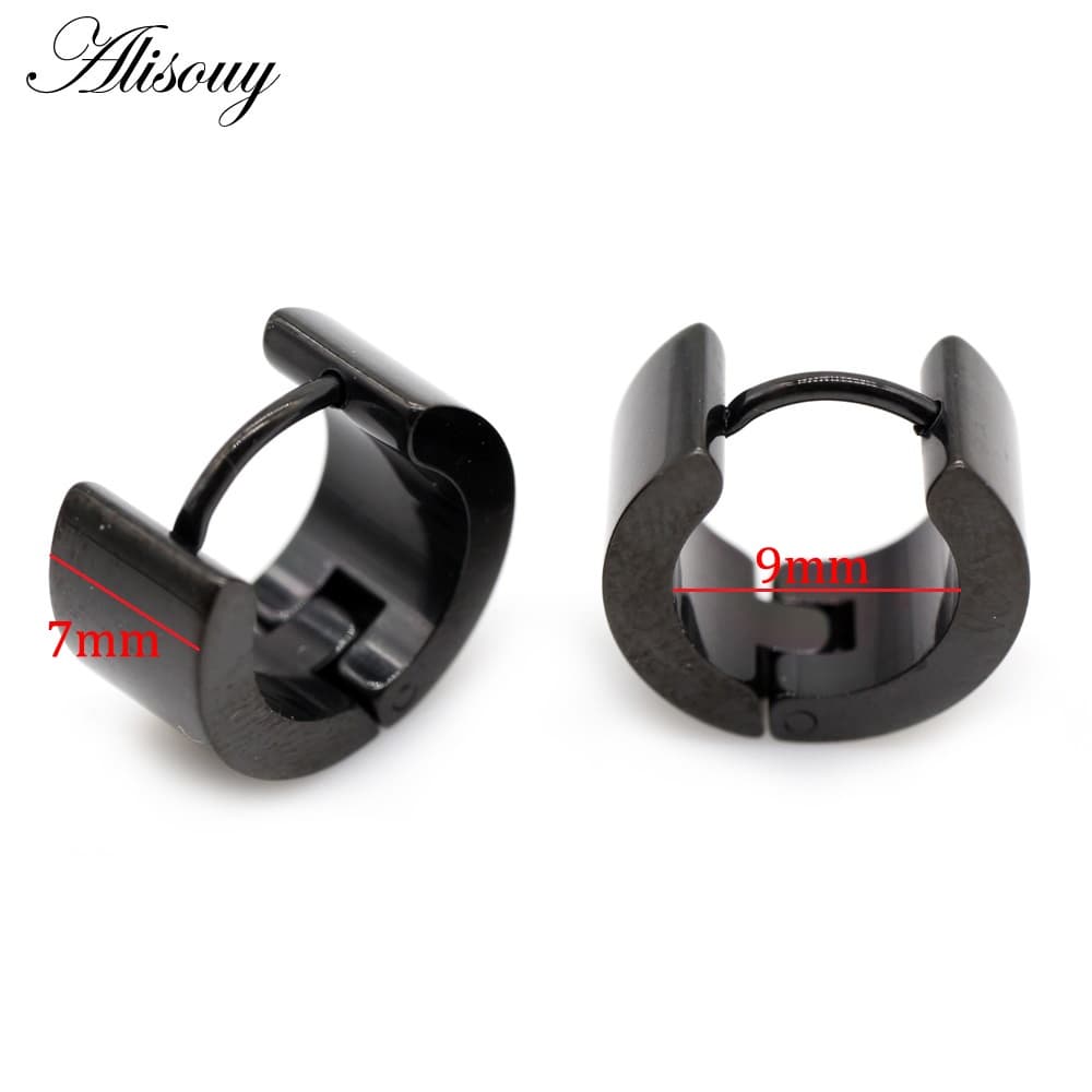 Alisouy 2 ชิ้น ต่างหูห่วงสแตนเลสสีดํา 5/6/7/9 มม. สไตล์พังก์ กอธิค ยูนิเซ็กส์ สําหรับผู้ชายและผู้หญิง เครื่องประดับ รูปที่ 3