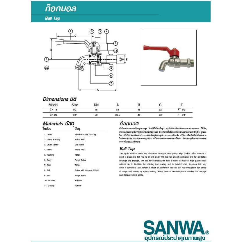 ก๊อกบอล ก๊อกน้ำ ซันวา SANWA ด้ามแดง ขนาด 1/2" 3/4" รูปที่ 2