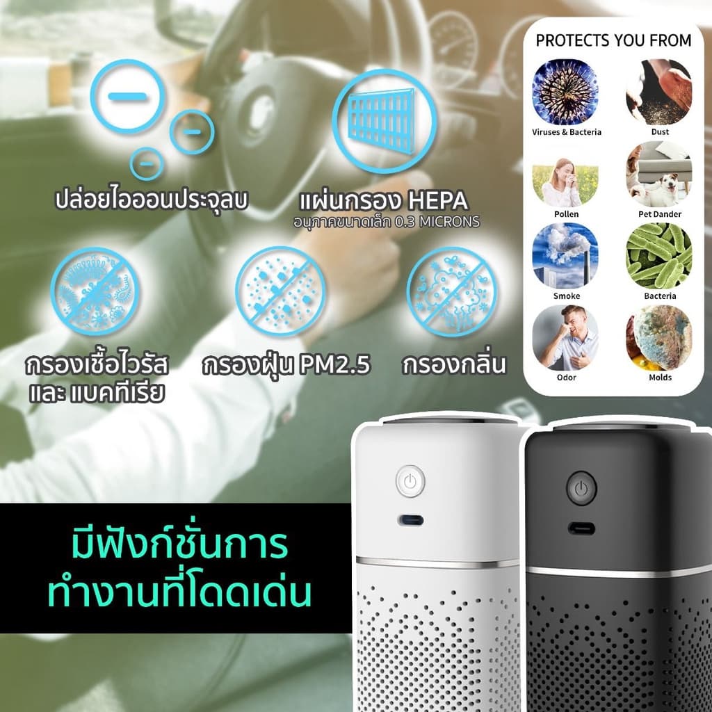 เครื่องฟอกอากาศในรถยนต์ HEPA13 กรองฝุ่น ฝุ่นPM25 เชื้อไวรัส แบคทีเรีย เสียงเบา ไม่ใช้แบตเตอรี่ รุ่น C1 Yamada รูปที่ 4
