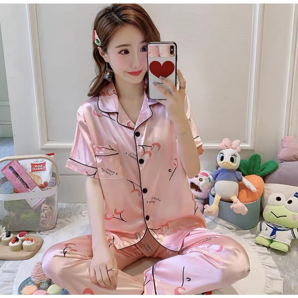 5555-1 SN ชุดนอนผู้หญิง น่ารักๆผ้าซาตินนิ่มใส่สบาย แขนสั้นขายาว สีสวยสด สไตล์เกาหลี รูปที่ 5