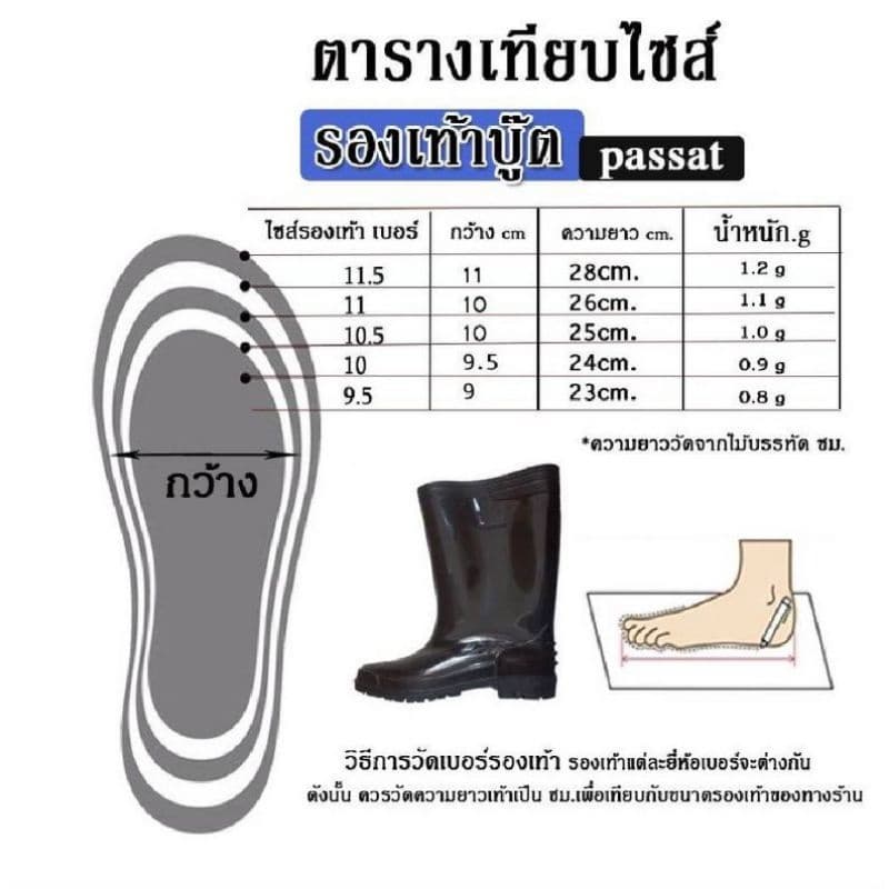 รองเท้าบู๊ต​ Passat คุณภาพดี กันน้ำ เนื้อเนียนหนา งานคุณภาพ สี : ดำ ไซส์ : 9.5 -11.5 รูปที่ 4