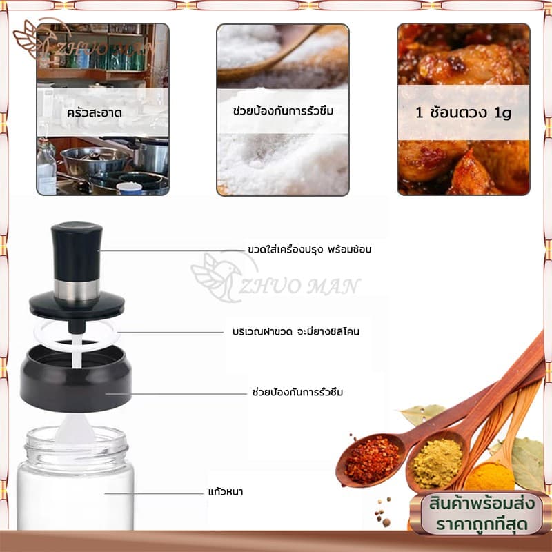 ขวดแก้วใส่เครื่องปรุง ขวดใส่เครื่องปรุง 300ML กระปุกใส่เครื่องปรุง เครื่องครัว พร้อมช้อนตักซิลิโคนซีลป้องกันการรั่วซึม รูปที่ 7