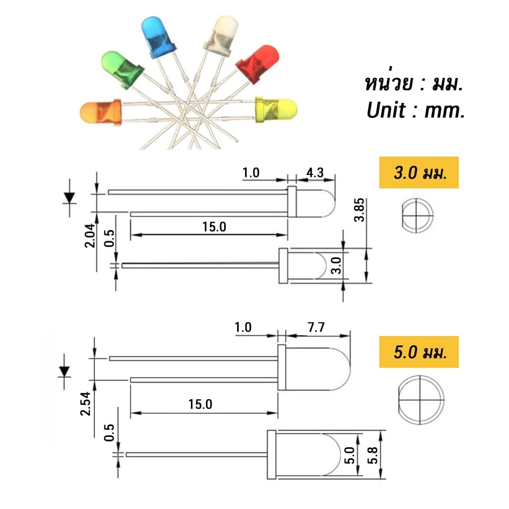 LED กลม 1.8mm 3mm 5mm UV IR ขาว ฟ้า เขียว เหลือง แดง ส้ม ยูวี White Blue Green Yellow Red F3 F5 ไดโอดเปล่งแสง รูปที่ 8