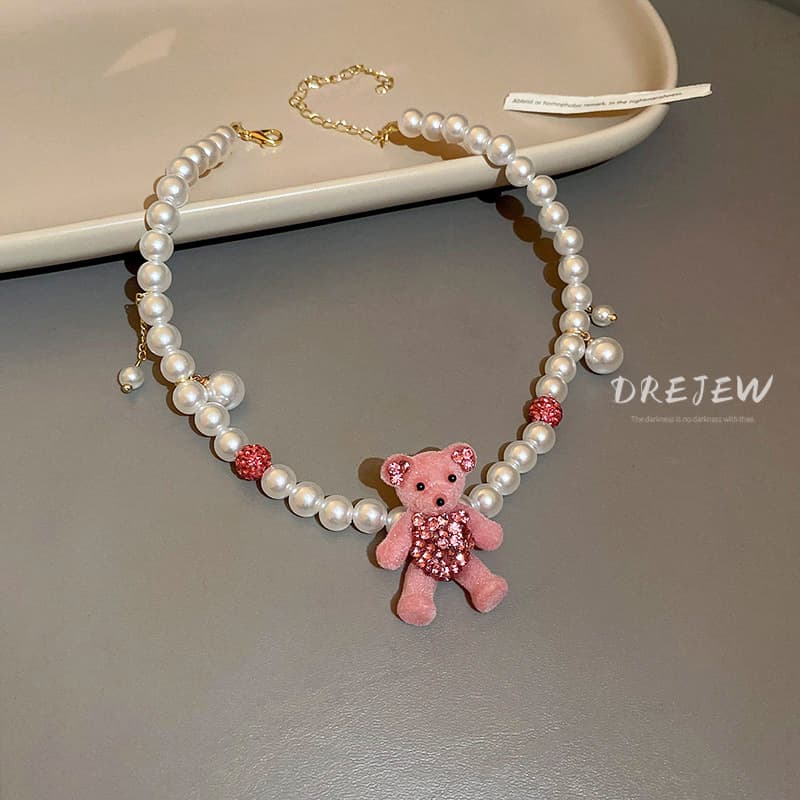 DREJEW สร้อยคอโซ่ จี้หมีน่ารัก ประดับไข่มุกน้ําจืด แฟชั่นสไตล์เกาหลี สําหรับผู้หญิง รูปที่ 4