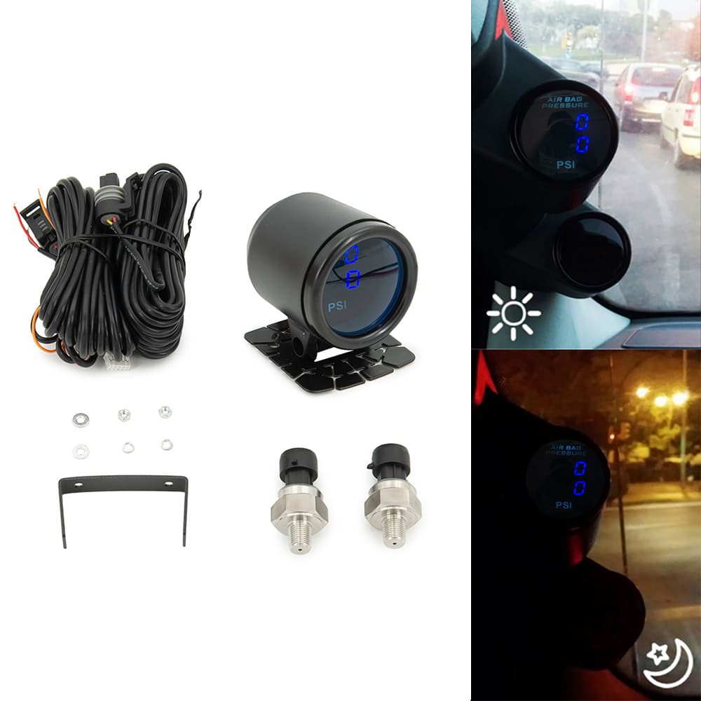 52 มม.Dual Red & Blue จอแสดงผล LED Air Suspension Gauge ความดันอากาศ Guage LED ดิจิตอล 2 ชิ้น 1/8NPT เซ็นเซอร์ยาว 5 เมตรและผู้ถือหมุน รูปที่ 9
