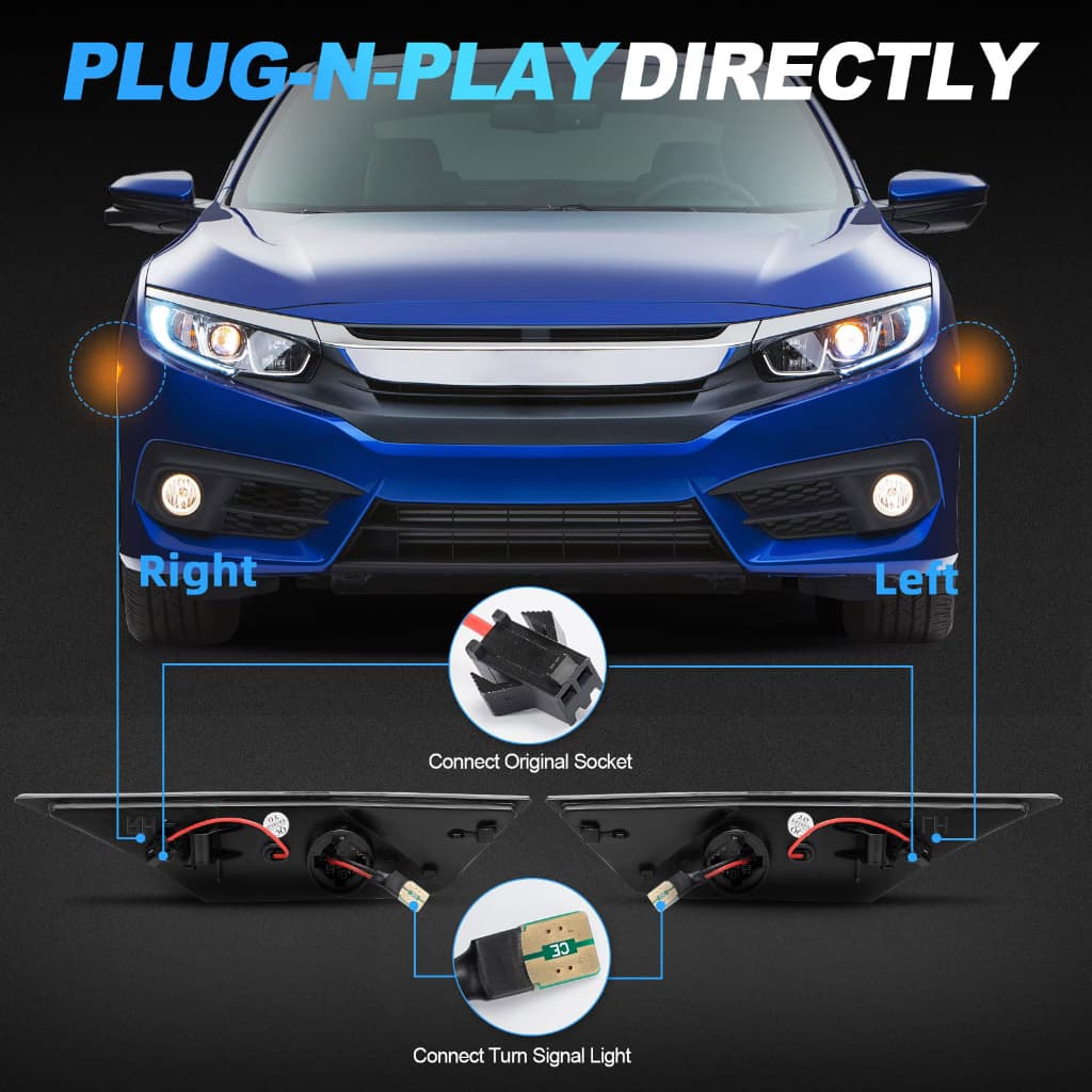 2pc สําหรับ Honda Civic 2016-2021 ไฟเลี้ยวรถ Fender ด้านข้าง LED Marker ไฟ LED ไฟเลี้ยว Blinker โคมไฟลําดับ Amber & สีขาว DRL รูปที่ 6