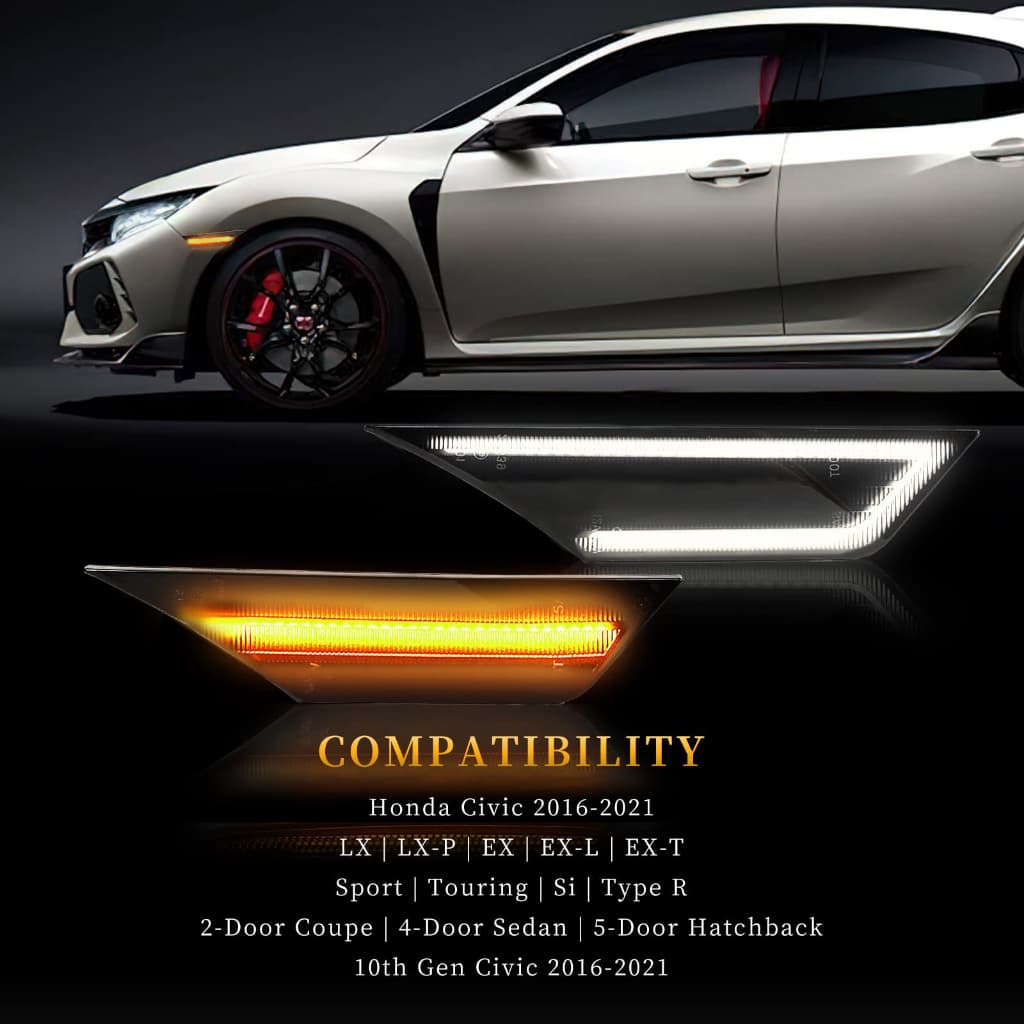 2pc สําหรับ Honda Civic 2016-2021 ไฟเลี้ยวรถ Fender ด้านข้าง LED Marker ไฟ LED ไฟเลี้ยว Blinker โคมไฟลําดับ Amber & สีขาว DRL รูปที่ 5