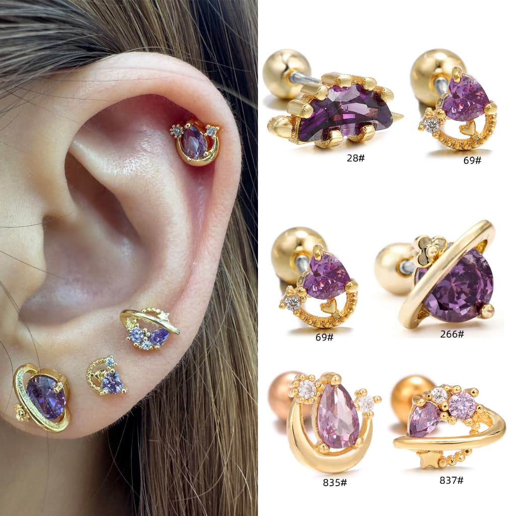 ต่างหูสตั๊ด ทองคํา 18k ประดับเพทาย อเมทิสต์ 1 ชิ้น รูปที่ 2