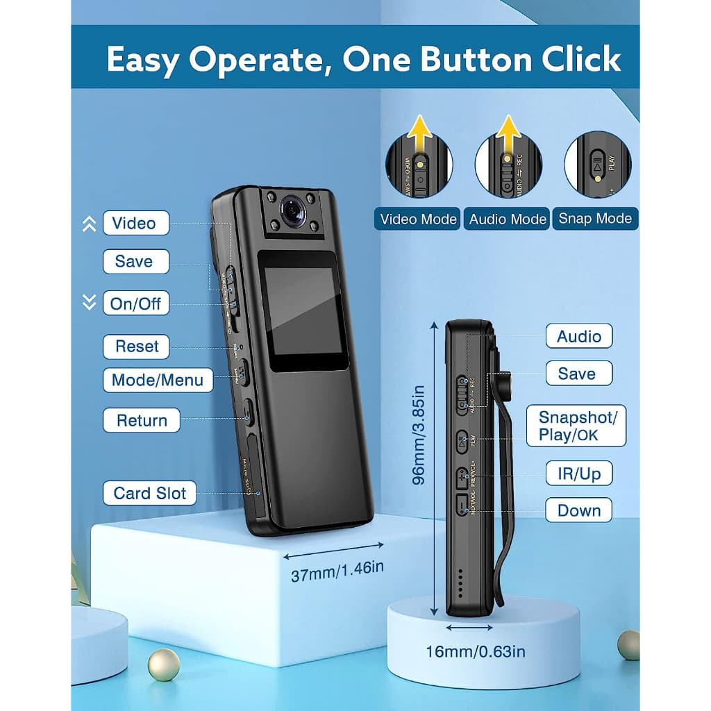 BOBLOV A22 Mini Body Camera, แบตเตอรี่ 2200mAh สําหรับการบันทึก 9 ชั่วโมง,180° เลนส์หมุนได้, บอดี้แคม 1080พี พร้อมหน้าจอ OLED เล่นได้, กล้องวิดีโอพร้อมเสียงสําหรับเดิน, จัดส่ง รูปที่ 5