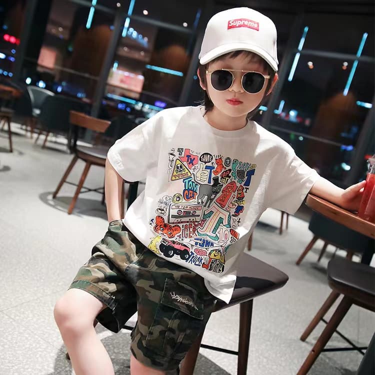 เสื้อท็อป และกางเกงขาสั้น ลายจุด สไตล์ฮาวาย แฟชั่นฤดูร้อน สําหรับเด็กผู้ชาย สองชิ้น รูปที่ 5
