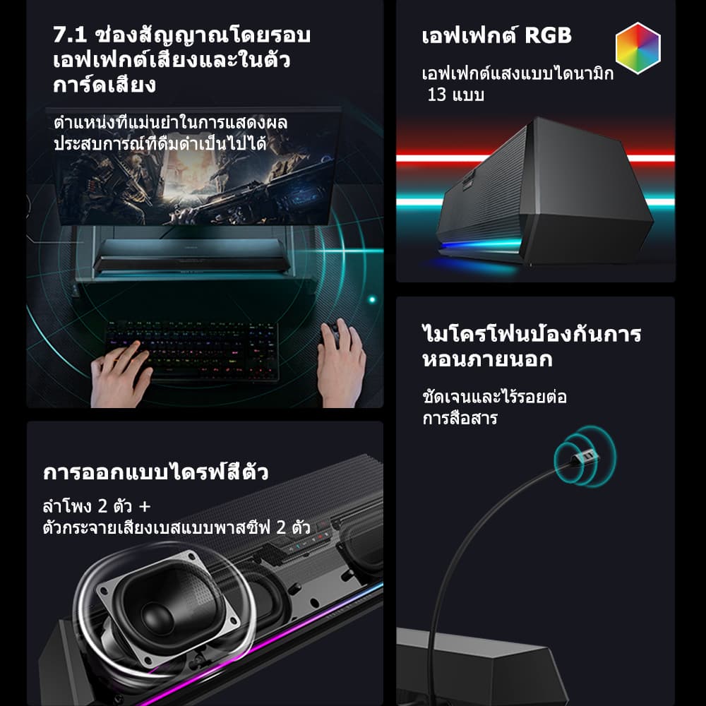Edifier HECATE G1500 BAR ลำโพงเกมมิ่ง 7.1 Surround, ลำโพงบาร์สำหรับเกม, รองรับการเชื่อมต่อ Bluetooth 5.3/USB-A, โหมดเสียงเกม/ภาพยนตร์/เพลง, ไมโครโฟนแบบถอดได้พร้อมสวิตช์, เสียงเบสที่ลึก, เสียงที่ชัดเจน, เอฟเฟกต์ไฟ RGB, รองรับ PC/แล็ปท็อป/MAC/PS4/PS5/Switch รูปที่ 2
