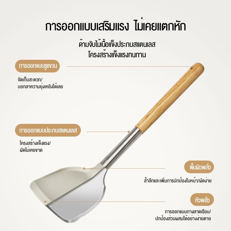 Ecowin 5 ชิ้นด้ามไม้ Slotted สีขาวไม่ติดเครื่องครัวซิลิโคนเกรดอาหาร รูปที่ 5