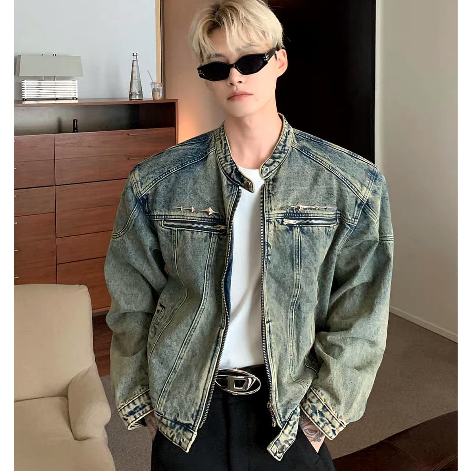 Suikone เสื้อแจ็กเก็ตยีน แขนยาว ซักล้างได้ สไตล์เรโทร แฟชั่นสําหรับผู้ชาย และผู้หญิง รูปที่ 9