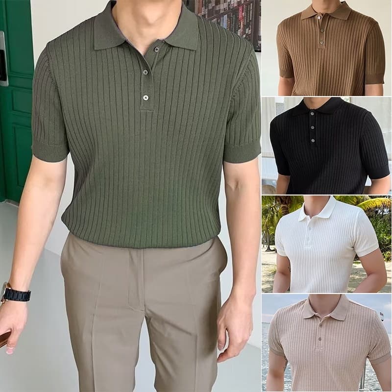 Promanเสื้อโปโลแขนห้าส่วน ผ้าเรยอนถัก ลายทาง หรูหรา คุณภาพสูง สไตล์เกาหลี อังกฤษ เหมาะกับฤดูร้อน สําหรับผู้ชาย รูปที่ 2