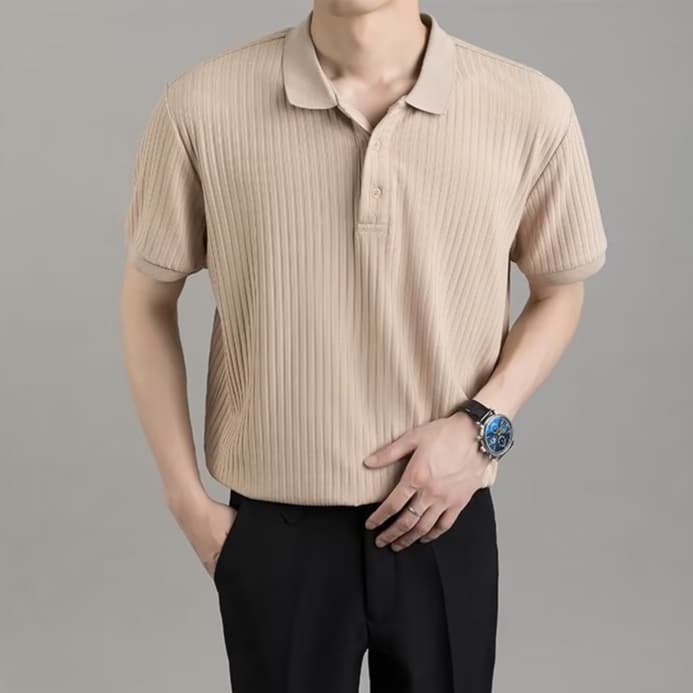 Promanเสื้อโปโลแขนห้าส่วน ผ้าเรยอนถัก ลายทาง หรูหรา คุณภาพสูง สไตล์เกาหลี อังกฤษ เหมาะกับฤดูร้อน สําหรับผู้ชาย รูปที่ 5