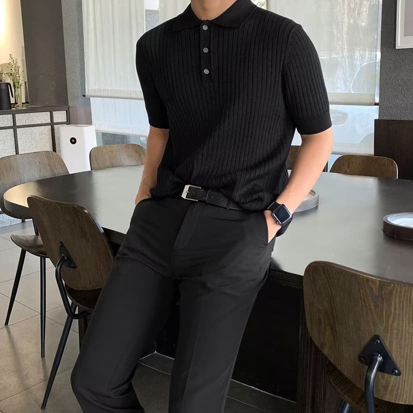 Promanเสื้อโปโลแขนห้าส่วน ผ้าเรยอนถัก ลายทาง หรูหรา คุณภาพสูง สไตล์เกาหลี อังกฤษ เหมาะกับฤดูร้อน สําหรับผู้ชาย รูปที่ 6