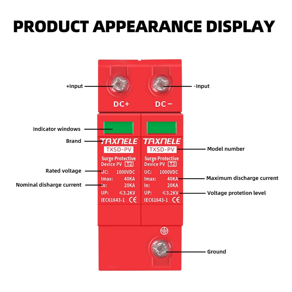 Taxnele DC SPD 600V 800V 1000V 20KA 40KA surge Protector พลังงานแสงอาทิตย์ PV Lightning Arrester TXSD-40KA รูปที่ 8