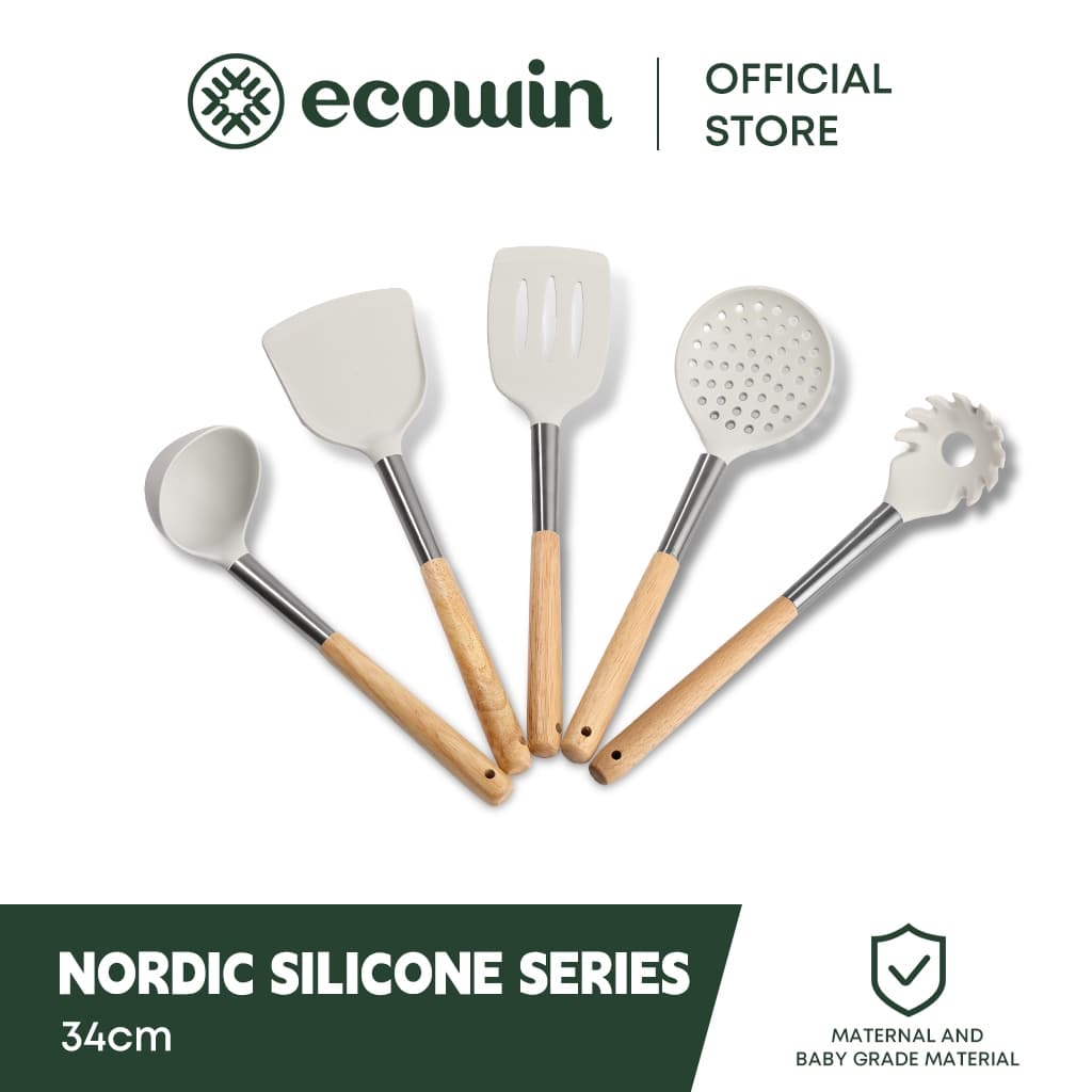 Ecowin 5 ชิ้นด้ามไม้ Slotted สีขาวไม่ติดเครื่องครัวซิลิโคนเกรดอาหาร รูปที่ 1