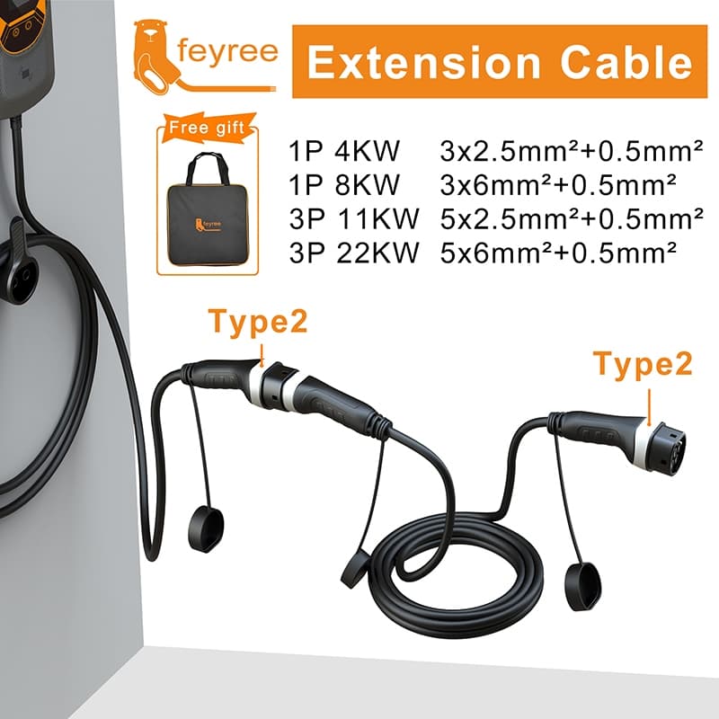 Feyree สายชาร์จ EV 16A 32A 4kW 8kW 11kW 22kW 5M Type 2 EVSE ปลั๊กตัวเมีย เป็นตัวผู้ รูปที่ 1