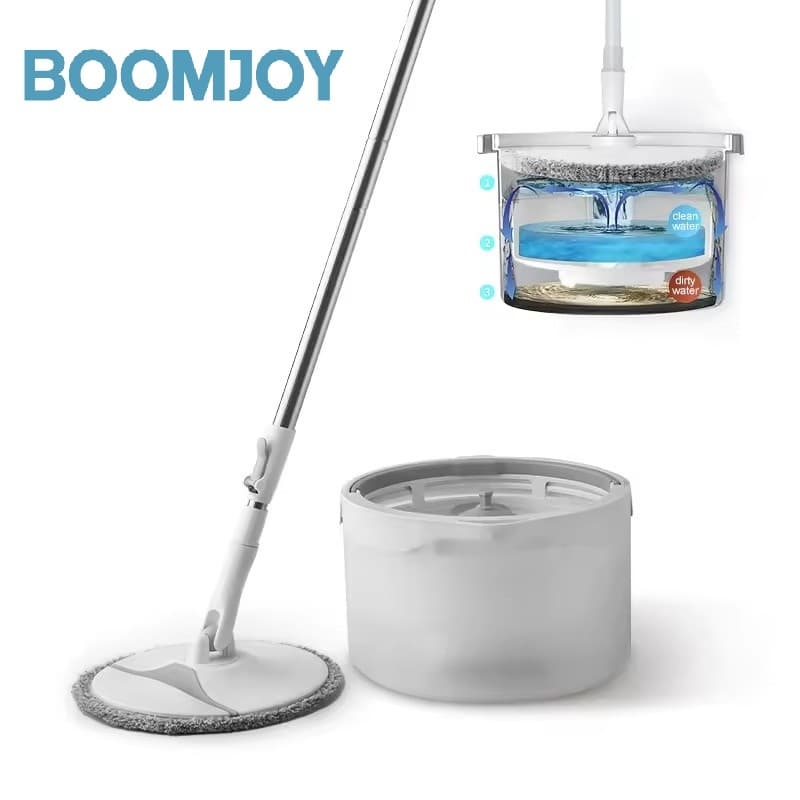 BOOMJOY ไม้ถูพื้นแบนหมุนได้360,อุปกรณ์ทำความสะอาดในครัวเรือนม็อปถูพื้นระบบทำความสะอาดของเสียพร้อมถัง พกพาสะดวก ถังปั่นไม้ม๊อบ รูปที่ 1