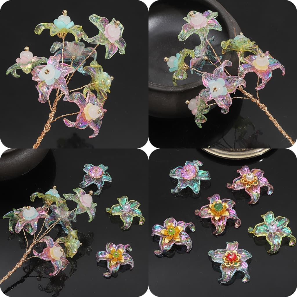 4ชิ้นโปร่งใสที่มีสีสันลิลลี่ชุบ เกี่ยวกับ ดอกไม้ที่มีสีสันอะคริลิลิลลี่การผลิต ทําเอง การจัดดอกไม้ประณีต รูปที่ 2