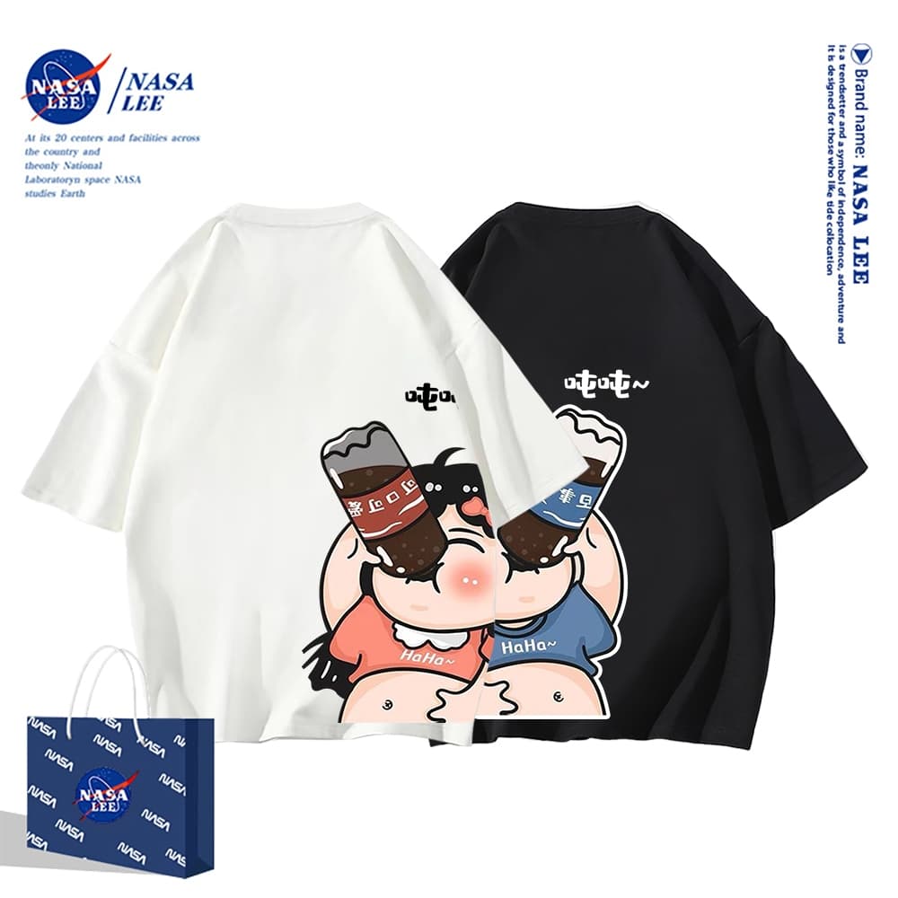 เสื้อยืดแขนสั้นผ้าฝ้ายคอตตอนลาย NASA รุ่นใหม่สำหรับฤดูร้อน 2026 แบบหลวมและระบายอากาศได้ดี