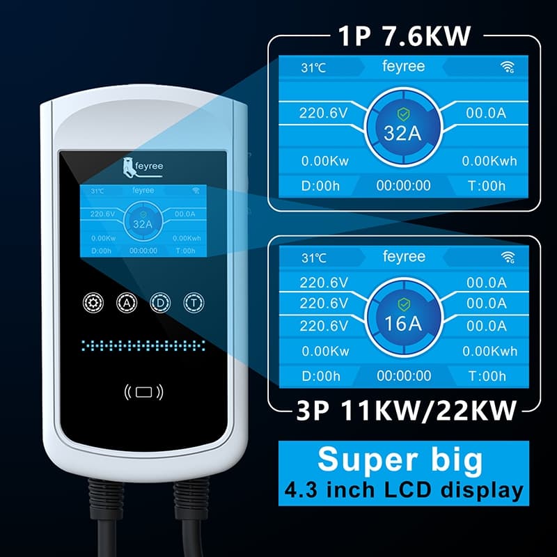 Feyree 4.3 นิ้วหน้าจอขนาดใหญ่ EV Charger ประเภท 2 7.6kw Wallbox พร้อม APP ชาร์จประวัติศาสตร์บันทึก 11kw 22kw 3 เฟสสําหรับรถยนต์ไฟฟ้า รูปที่ 5