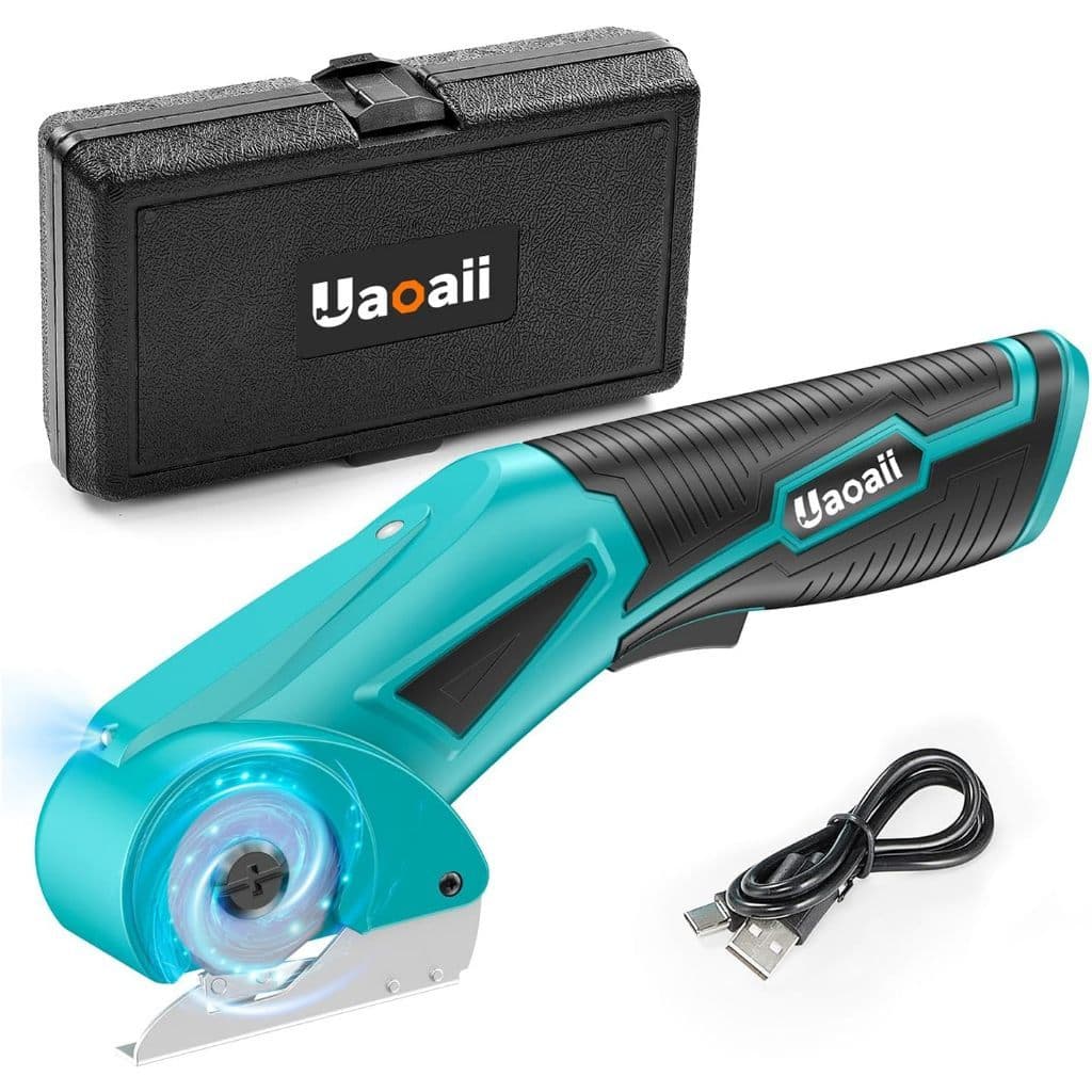 Uaoaii กรรไกรไฟฟ้าไร้สาย 4V เครื่องตัดกล่องกระดาษไฟฟ้า w/เคสเก็บของ, ล็อคนิรภัยและไฟ LED เครื่องตัดผ้าแบบชาร์จไฟได้เครื่องตัดโรตารี่สําหรับหนัง Felt รูปที่ 1