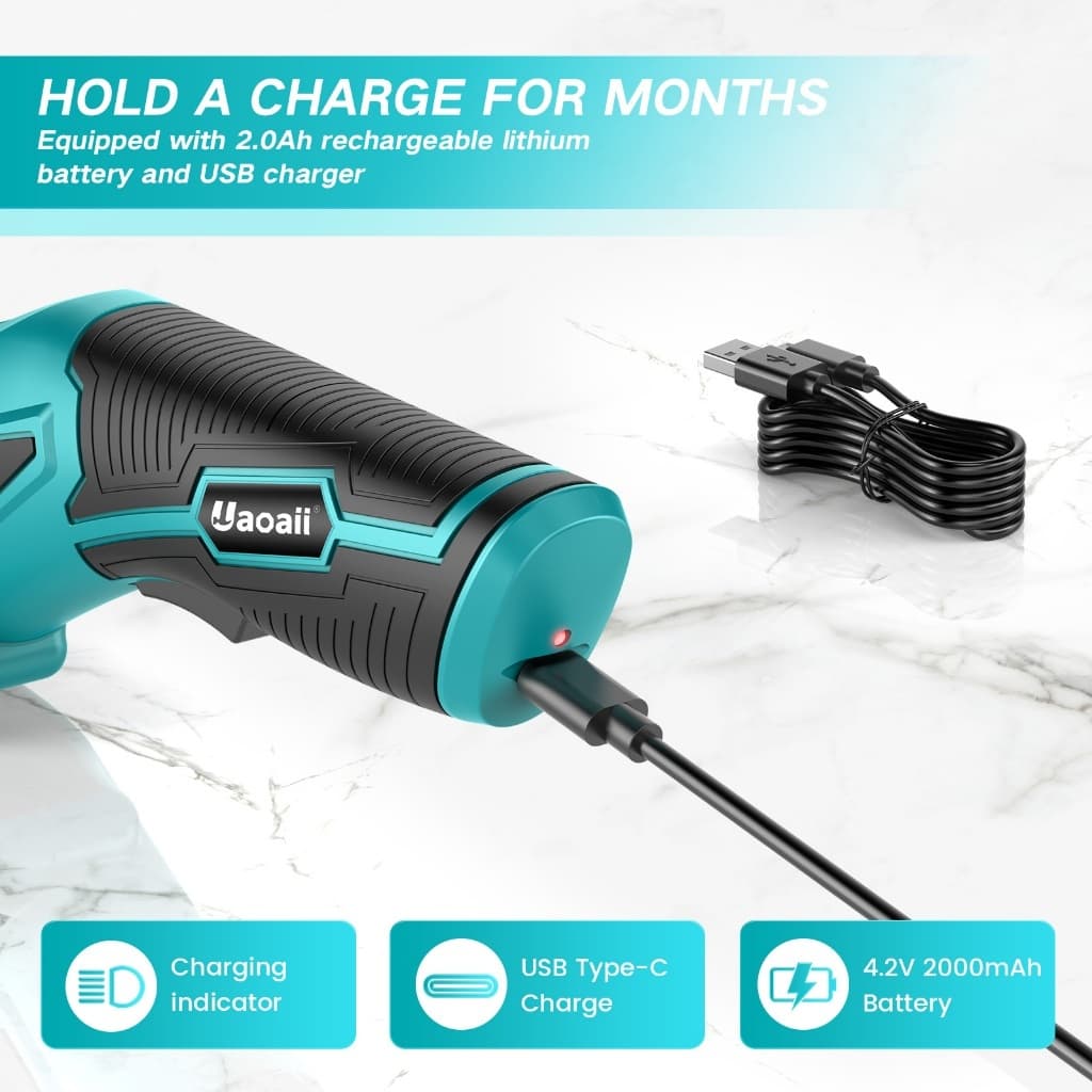 Uaoaii กรรไกรไฟฟ้าไร้สาย 4V เครื่องตัดกล่องกระดาษไฟฟ้า w/เคสเก็บของ, ล็อคนิรภัยและไฟ LED เครื่องตัดผ้าแบบชาร์จไฟได้เครื่องตัดโรตารี่สําหรับหนัง Felt รูปที่ 2
