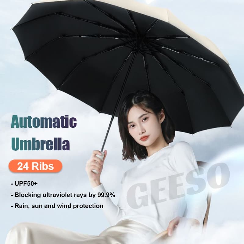 GEESO เลือกได้ 7 สี Automatic ร่ม 24 Ribs UPF50+ 23นิ้ว ร่มพับลม เส้นผ่าศูนย์กลาง 105ซม รูปที่ 2