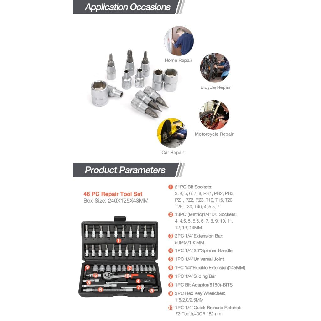 Valuemax 46 ชิ้นเครื่องมือช่างกล่องเครื่องมือกลชุดซ่อมรถยนต์รถจักรยานยนต์สําหรับไขควงบ้าน 1/4 นิ้วชุดประแจกระบอกวงล้อไขควงชุด รูปที่ 7