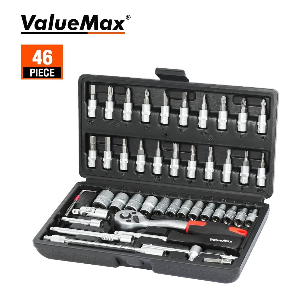 Valuemax 46 ชิ้นเครื่องมือช่างกล่องเครื่องมือกลชุดซ่อมรถยนต์รถจักรยานยนต์สําหรับไขควงบ้าน 1/4 นิ้วชุดประแจกระบอกวงล้อไขควงชุด รูปที่ 1