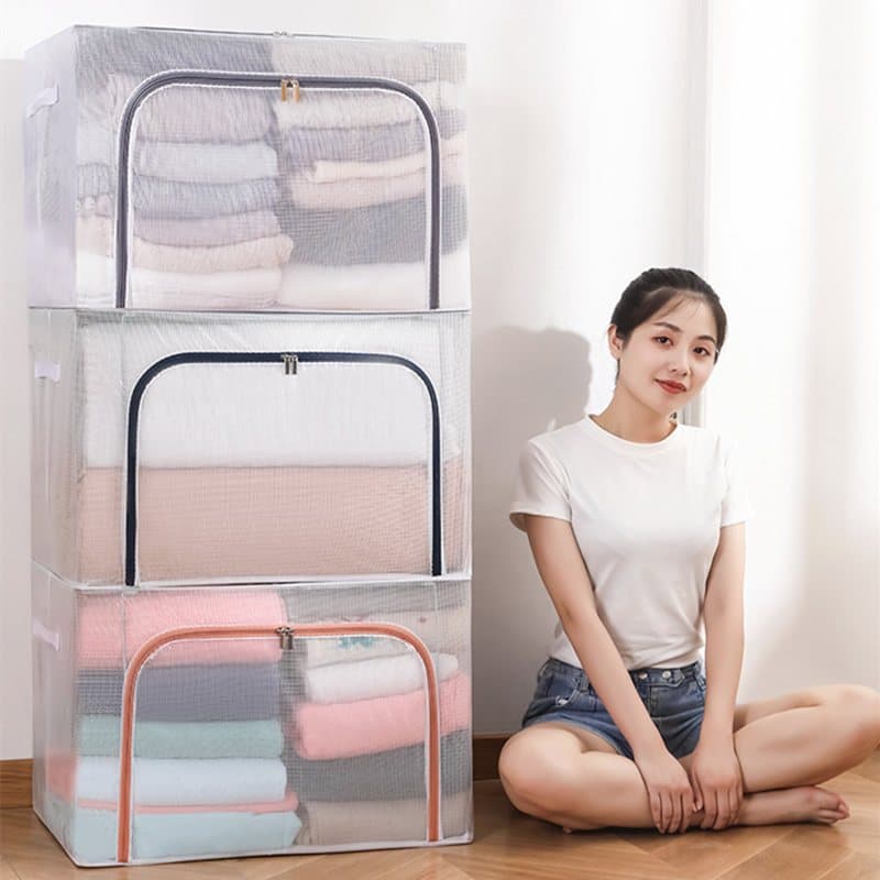 กล่องเก็บของ110L กระเป๋าจัดระเบียบ กล่องพับ ความจุขนาดใหญ่ กันน้ำ ปร่งใส พร้อมโครงเหล็ก กล่องเก็บผ้าห่ม รูปที่ 2