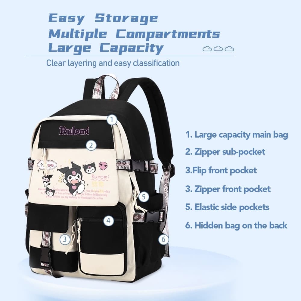 กระเป๋านักเรียน Sanrio Kuromi สุดคิ้วท์! สำหรับนักเรียนป.4-ม.3 กระเป๋าสะพายหลังน้ำหนักเบา รูปที่ 8