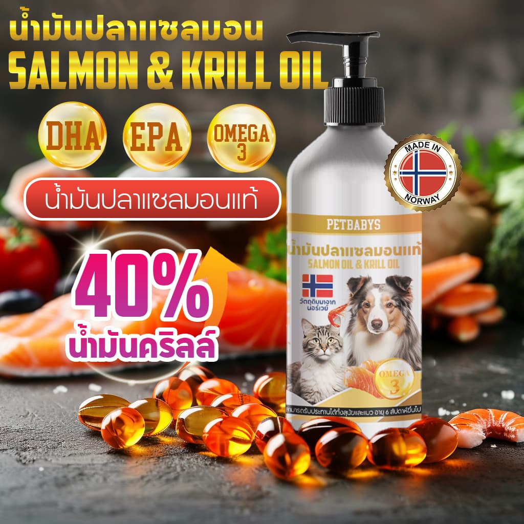 Salmon Oilน้ำมันปลาแซลมอนแท้ 100% Premium จาก Norway อุดมด้วยน้ํามันคริลล์ 40% สำหรับสุนัขและแมว บำรุงขนสวย ช่วย ให้เจริญอาหาร รูปที่ 1