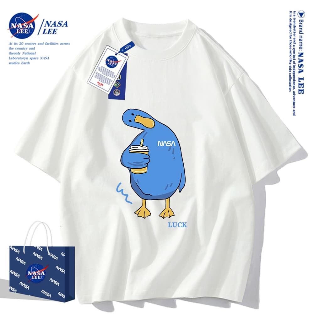 เสื้อยืดแขนสั้นผ้าฝ้ายคอตตอนลาย NASA รุ่นใหม่สำหรับฤดูร้อน 2024 แบบหลวมและระบายอากาศได้ดี รูปที่ 1