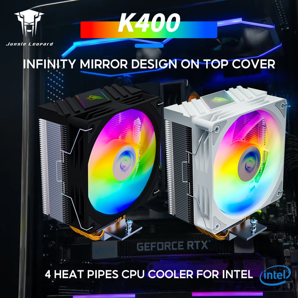 Jungle Leopard K400 CPU Cooler สีดํา/สีขาว 4 ท่อความร้อน 120 มม.พัดลม CPU 4PIN PWM สี LED ฝาครอบด้านบน Infinity Mirror Design สําหรับ Intel LGA1155 LGA1200 LGA1366 LGA1700 LGA2066 รูปที่ 1